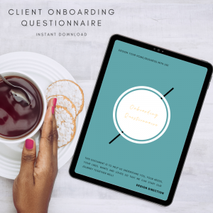 The Interior Designers Club Client Onboarding Questionnaire shown on an ipad screen next to a feminine hand holding a cup and saucer full of black tea
