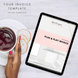 The Interior Designers Club Invoice Template viewed on a tablet screen next to a female hand with painted fingernails holding a cup and saucer of tea on a light grey background
